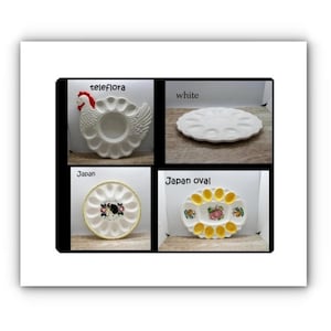 May include: A collection of four different egg serving dishes. The dishes are white, with various designs, including a hen-shaped dish, a plain oval dish, and two dishes with floral and other decorative patterns. The text "teleflora", "white", "Japan", and "Japan oval" are visible.