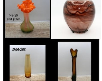 Vintage art glass vase, midcentury 70s  blown glass flower vase, brown blown glass swirl art deco style vase, midcentury blown glass vase