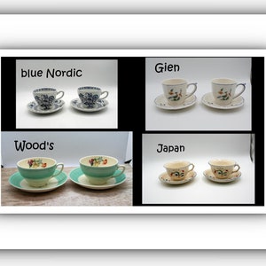May include: Four sets of teacups and saucers are displayed, each with a unique design. The sets are labeled "blue Nordic", "Glen", "Wood's", and "Japan". The teacups and saucers feature various colors and patterns, including floral and geometric designs.
