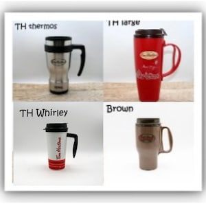Collector preowned limited Edition travel coffee mugs, Thermos cup, Tim Horton moose mug, Brown Tim Horton travel mug, Travel coffee mug