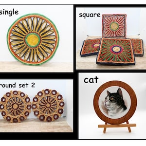 May include: A collage showing four items. Top left: a single, round, woven coaster with a floral design. Top right: four square coasters. Bottom left: two round coasters. Bottom right: a cat portrait in a wooden frame.