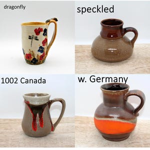 May include: A collage of four ceramic mugs. Top left: cream mug with dragonfly and floral motifs labelled dragonfly. Top right: brown speckled mug labelled speckled. Bottom left: brown mug with red drip glaze labelled 1002 Canada. Bottom right: brown and orange mug labelled w. Germany.