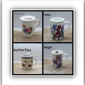 Collector coffee tea mug, Elizabeth Berry English Country Garden Irises Alorah, Angel Star Oakley with coaster cover Edimbourg butterfly