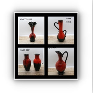 Peut inclure: Présentation de quatre vases en céramique et d'un pichet, chacun avec une base noire et une partie supérieure rouge. Les vases ont des formes variées, dont un vase à col évasé et un ensemble de vases. Le pichet a une anse. Le texte sur l'image indique "easy top vase", "double handle", "vase set" et "pitcher".