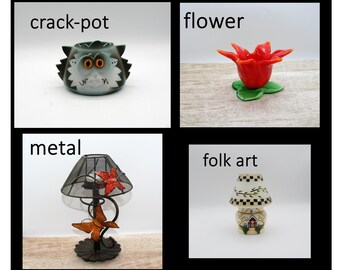 Portavelas votivas: Gato, Flor de cristal artístico, Mariposa de metal, Iglesia de arte popular