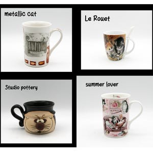 Vintage preowned cat mugs cup, Studio Pottery Teigland Bradford mug, Stokes Metallic Cat cup mug, Le Rouet maison cat cup with spoon