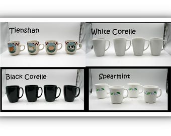 Vintage mokkenset van 4 - Tienshan Folk Art Boerderijdieren, Corning Corelle witte, spearmintgroene en zwarte Corelle steengoed koffiekopjes