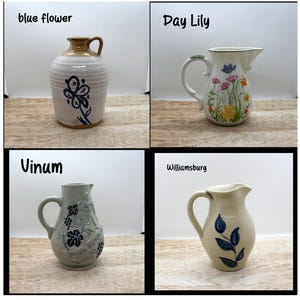 Vintage studio keramik kanna kanna, Day Lily Mann original Japan kanna, Vinum Bonum Laelificat cor Hominum 1/2 liter kanna, Williamsburg kanna