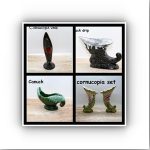Mid Century Canuck cornucopia Canadian harvest horn vase, Occupied Japan cornucopia vase set, Black drip Canadian pottery Evangeline pottery