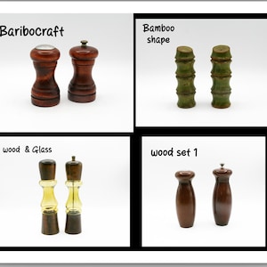 Juego de salero y molinillo de pimienta vintage de mediados de siglo, molinillo de madera Baribocraft, bambú o vidrio ámbar y madera de estilo MCM, decoración de cocina retro.