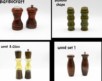 Vintage zout- en peperstrooiers uit het midden van de 20e eeuw, houten pepermolen uit het midden van de 20e eeuw, Baribocraft, amberkleurig glas, retro keukendecoratie
