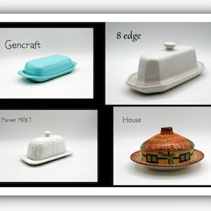 May include: Four butter dishes are shown. One is turquoise with the text "Gencraft". Another is white with the text "8 edge". A third is white with the text "Market MRKT". The last is a house-shaped dish with a brown roof and the text "House".
