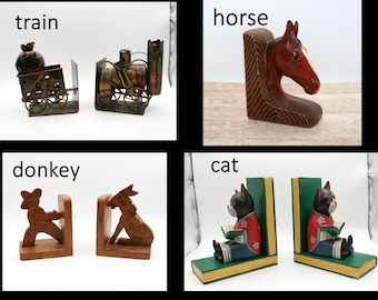 Vintage boekensteunen, koperen treinboekensteunen Hong Kong, houten boekensteunen kattenlezingen, handgemaakte houten boekensteun ezel, boekensteun paard keramiek