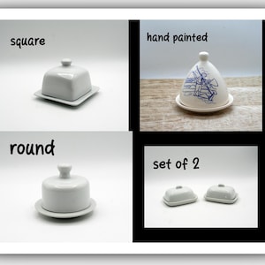 White classic elegant individual round or square butterdishes, Rectangular set of 2 individual butter dishes, hand painted design butterdish