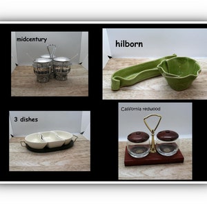 May include: A collection of vintage serving dishes and containers. Includes a set of two glass and chrome sugar bowls, a green ceramic serving dish, a three-section serving dish, and a salt and pepper set on a wooden base. Text on the image: "midcentury", "hilborn", "3 dishes", "California redwood".