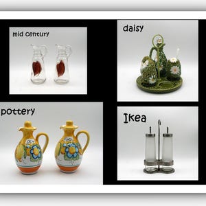 Peut inclure: Un collage de quatre images présentant des articles de cuisine. Comprend deux cruches en verre transparent avec des accents rouges, un ensemble huile et vinaigre sur le thème des marguerites, deux pichets en poterie et un ensemble de salières et poivrières Ikea.