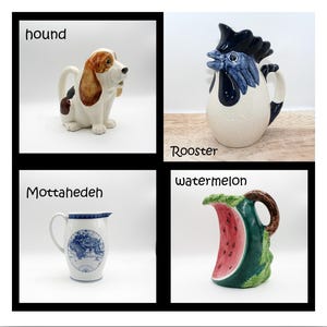 Vintage keramiska kannor, OCI Fitz & Floyd hundkanna, Pottery Shed Dedham knastrande tuppkanna, Italiensk vattenmelon, Mottahedeh