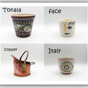 Vintage planter pots, Copper lion head planter with handle, Italian pottery planter, Tonala Mexico hand painted pot, Abstract face planter
