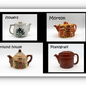 Peut inclure: Quatre théières sont présentées, chacune dans un cadre séparé sur fond blanc. Les théières sont étiquetées "flowers", "Morton", "round house" et "Pzaltzgraff". Les théières sont de différentes couleurs, dont le blanc, le marron et l'orange.