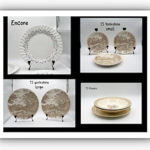 May include: A collection of ceramic plates and bowls displayed in four sections. Top left: Encore plate with a white scalloped edge. Top right: TS Yorkshire small plates with brown landscape prints. Bottom left: TS Yorkshire large plates. Bottom right: TS flowers bowl and plate set.