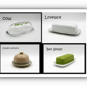 May include: A collage of four butter dishes. The top left dish is clear glass with a floral design. The top right dish is white with a black trim. The bottom left dish is tan with a matching lid. The bottom right dish is green.