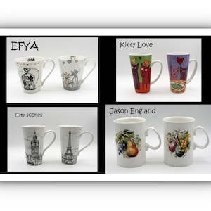 May include: A collection of ceramic mugs with various designs. The mugs include illustrations of city scenes, cats, and fruit. The mugs are labeled "EFYA", "Kitty Love", "City scenes", and "Jason England". The mugs are white with curved handles.