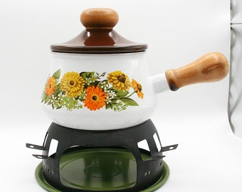 Vintage 1970s Floral Enamel Fondue Pot | Mid Century Retro Orange Flower Burner Base | Bohemian Cottagecore Kitchen Decor