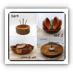 Pode incluir: Uma coleção de conjuntos de lanches de madeira, cada um com um design único. Um conjunto apresenta uma tigela com borda de casca com espetos, enquanto outros incluem tigelas de servir e um servidor em camadas. O texto "bark" e "snack set" são visíveis.