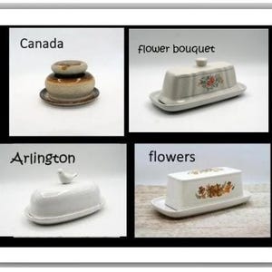 Może przedstawiać: Kolaż czterech maselnic. Górny lewy talerz jest oznaczony jako "Canada". Górny prawy talerz jest oznaczony jako "flower bouquet". Dolny lewy talerz jest oznaczony jako "Arlington". Dolny prawy talerz jest oznaczony jako "flowers".