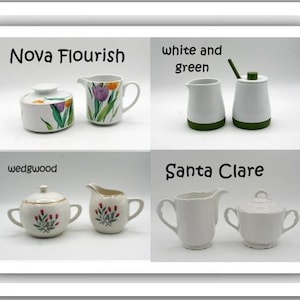Peut inclure: Une collection de pièces de service en céramique, comprenant des sucriers et des crémiers, disposées en grille. Les pièces sont blanches avec des motifs floraux et géométriques. Le texte sur l'image indique "Nova Flourish", "white and green", "wedgwood" et "Santa Clare".