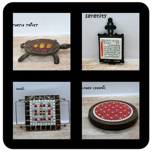 Vintage cast iron trivet, mosaic trivet wall hanging Turtle faux stain glass trivet,Styson Inc ceramic flower trivet Serenity prayer trivet