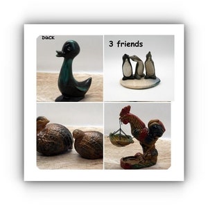 Könnte beinhalten: Eine Collage aus vier Keramikfiguren: eine dunkelgrüne Ente, drei Pinguine auf einem Sockel mit der Aufschrift 3 friends, zwei braun gesprenkelte Vögel und ein Hahn, der einen kleinen Korb hält. Der Text DUCK und 3 friends ist sichtbar.