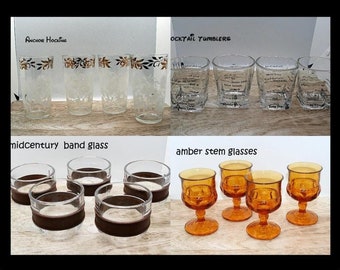 Szkło vintage z połowy XX wieku, Anchor Hocking Hazel Atlas, szklanki do koktajli Kikkerland, szkło Indiana Kings Crown Amber, retro akcesoria barmańskie