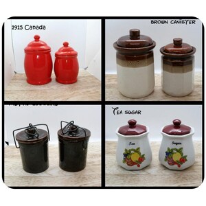May include: A collage of vintage kitchen canisters. The top left shows two red canisters labeled "1915 Canada." The top right features brown and white canisters. The bottom left shows two dark canisters with wire handles. The bottom right displays tea and sugar canisters.