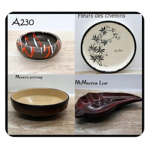 May include: A collage of four ceramic items. Top left: a dark brown bowl with orange and white detailing. Top right: a white plate with black floral design and text "Fleurs des chemins". Bottom left: a brown bowl with a beige interior. Bottom right: a red leaf-shaped dish.
