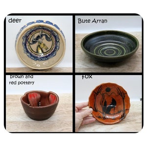 May include: Four ceramic bowls are shown, each with a unique design. One bowl has a deer motif, another is a dark green bowl with concentric circles, a third is brown and red pottery, and the last depicts a fox scene. The bowls are presented on a white background.