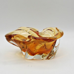 Vintage 1960s blown art glass heavy amber with clear accent ashtray, Bowl Candy Dish, retro art glass sculptural collector table decor