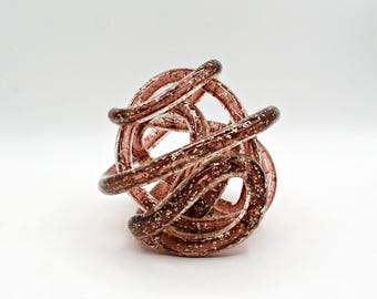 Vintage Dusty Pink Art Glass Infinity Knot Sculpture, Hand Blown Twisted Glass Rope Paperweight, Gold Glitter Table Decor, Mid Century Gift