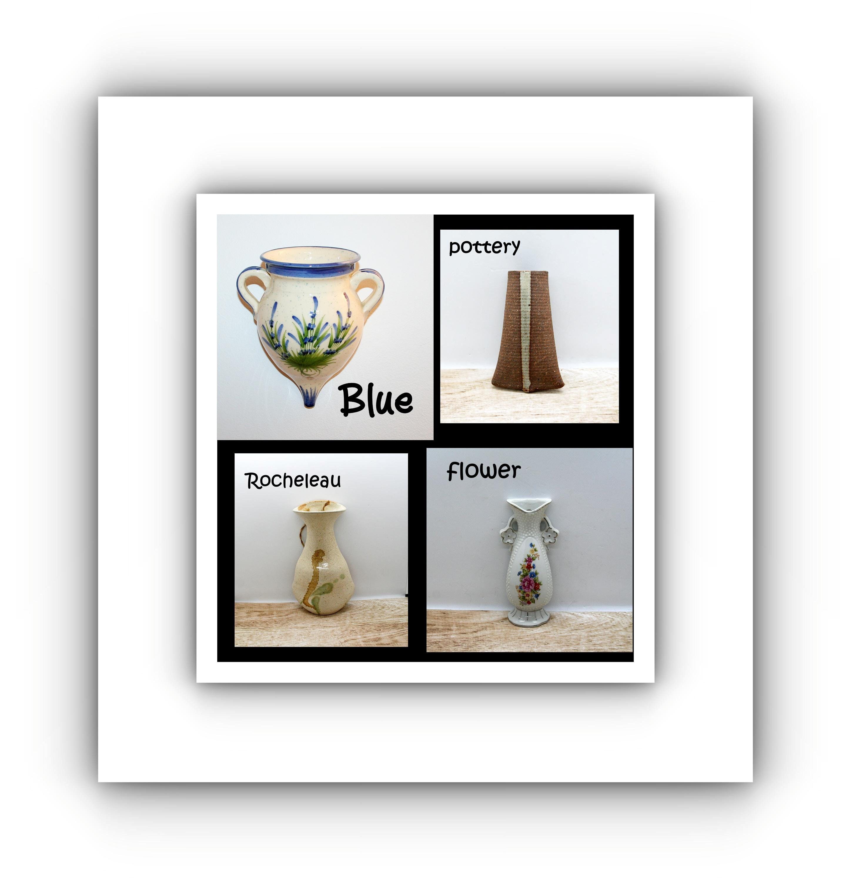 Vintage wall pockets flower holder, blue beige studio pottery urn wall pocket, Flowered Japan wall pocket, studio Pottery Rocheleau pocket