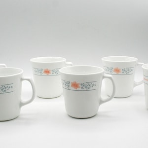 Corelle 1970s Corning USA Apricot Grove pattern set of 6 milk glass mugs coffee tea cups, Retro Country Kitchen decor, Cottage core decor