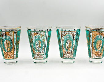 Vintage 1950s Dominion Glass Teal Gold Peacock Tumblers Set of 4 MCM Retro Barware Highball Drinking Glasses Floral Canadian Glassware