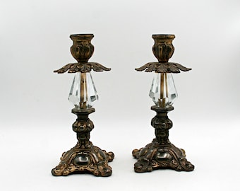 Vintage Italian 1960s Hollywood Regency Crystal Candlesticks Pair, Brass Pedestal Candle Holders, Retro Table Centerpiece Decor