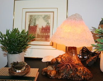 Vintage 70s Magic Mushroom Table Lamp, Cypress Burl Wood Faux Coral Shade, Cottagecore Woodland Decor, Retro Forest Fairy Fantasy lighting