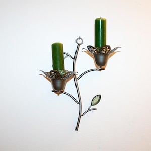 Vintage metal and glass 2 candles holder wall sconces with colored leaves, classic stunning decor statement piece, Elegant wall home decor