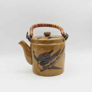 Vintage Otagiri Blue Bird Teapot - Hand Painted Japanese Earthenware Pottery Tea Pot with Bamboo Handle, Cottagecore Decor