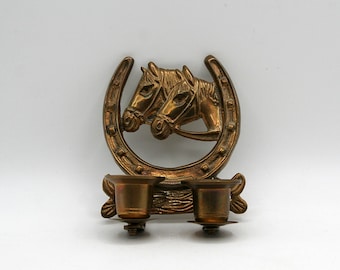 Vintage Brass Horseshoe Wall Sconce – Double Candle Holder with Horse Motif – Lucky Horseshoe Home Decor – Equestrian Brass Wall Art
