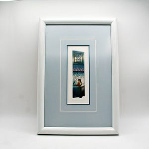 Vintage Sonia Gilbert Eau Forte, kalikötkatt tittar ut genom fönstret, "Rêve" signerad begränsad upplaga konst, inramad väggdekor från 1980-talet, konstnär från Quebec