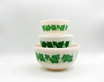 Juego de 3 cuencos apilables de vidrio opalino verde hiedra Hazel Atlas Vintage, cuencos para mezclar estilo retro de los años 40, utensilios de cocina, regalo de estilo rústico campestre.
