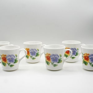Corelle 1970s Corning USA Pansy Summer Blush pattern set of 6 mugs coffee tea cups, Retro Country Kitchen decor, Cottage core decor