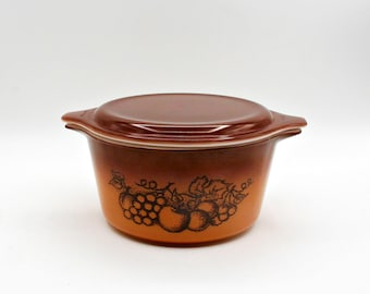Vintage Pyrex Old Orchard Auflaufform mit Deckel | 1 QT 473 Brauner Bernstein Obstschale | Mid Century Retro Küchengerät